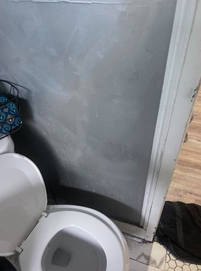 Dark moisture staining on a bathroom wall behind a toilet indicating hidden mold